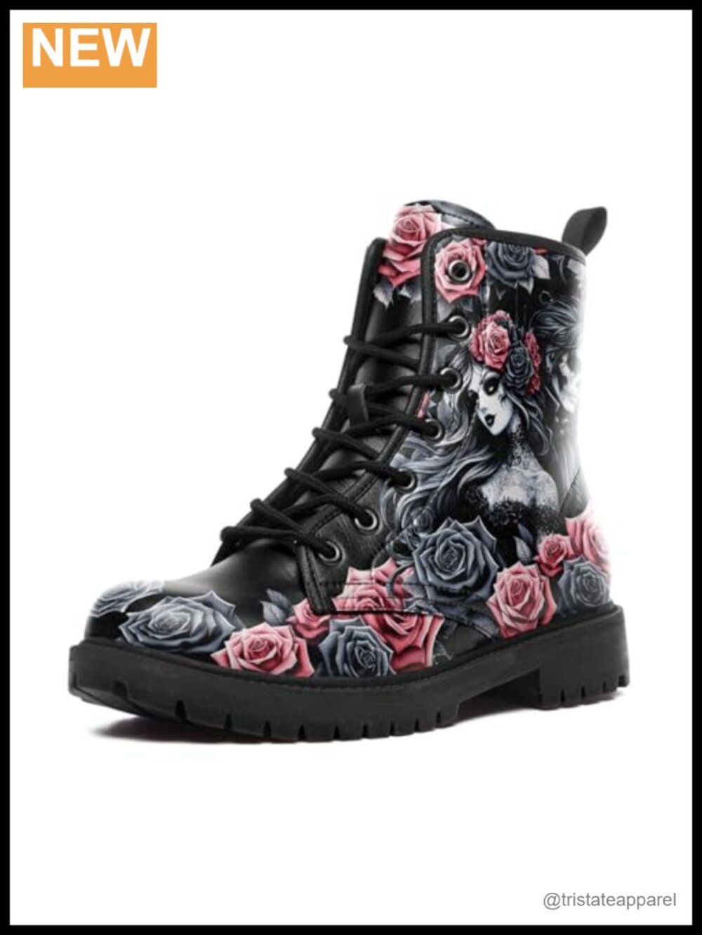 Gothic Rose Combat Ankle Boots, Faux Leather Lace-Up Work Boots